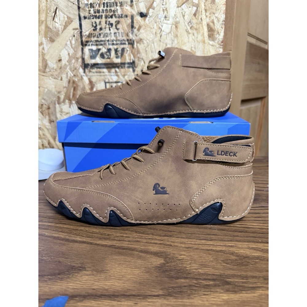 LDECK Mens EU 46 Suede Driving Shoes Tan Minimalist Mid Top Ankle Strap
